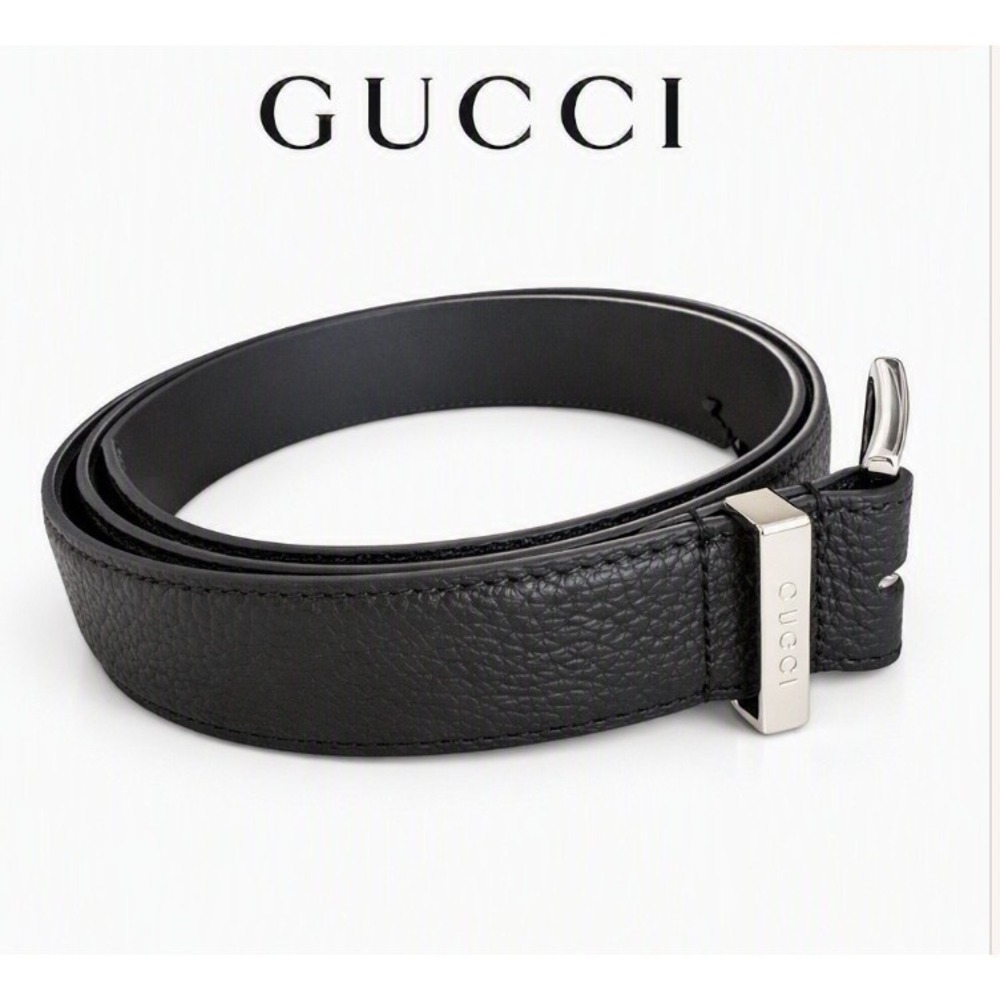 Gucci 793760 Men's Black Pebbled Leather Belt Silver Buckle Size 110cm